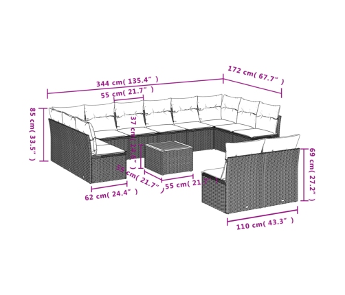 vidaXL 13-daļīgs dārza dīvāna komplekts ar matračiem, PE rotangpalma