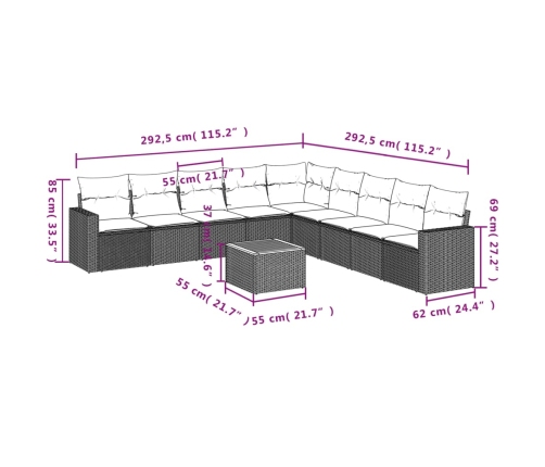 vidaXL 10-daļīgs dārza dīvāna komplekts, matrači, melna PE rotangpalma