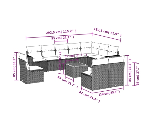 vidaXL 11-daļīgs dārza dīvāna komplekts, matrači, melna PE rotangpalma