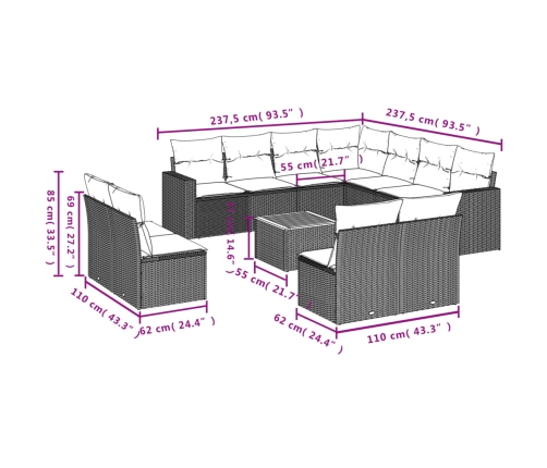 vidaXL 12-daļīgs dārza atpūtas mēbeļu komplekts, matrači, pelēks PE