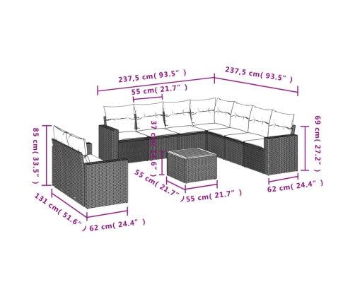 vidaXL 10-daļīgs dārza dīvāna komplekts, matrači, melna PE rotangpalma