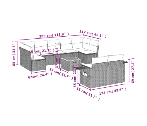 vidaXL 10-daļīgs dārza dīvāna komplekts, matrači, melna PE rotangpalma