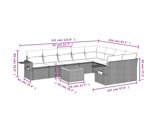 vidaXL 10-daļīgs dārza dīvāna komplekts, matrači, bēša PE rotangpalma