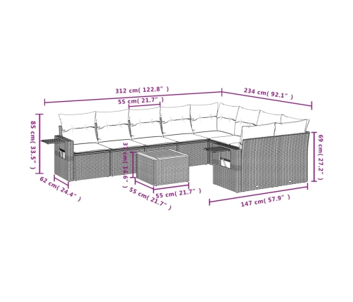 vidaXL 10-daļīgs dārza dīvāna komplekts, matrači, bēša PE rotangpalma
