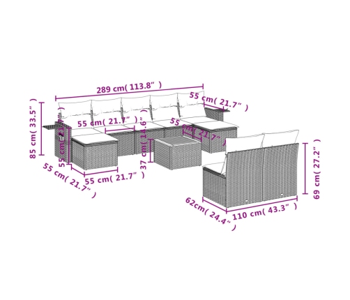 vidaXL 10-daļīgs dārza dīvāna komplekts, matrači, melna PE rotangpalma