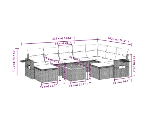 vidaXL 10-daļīgs dārza dīvāna komplekts, matrači, bēša PE rotangpalma