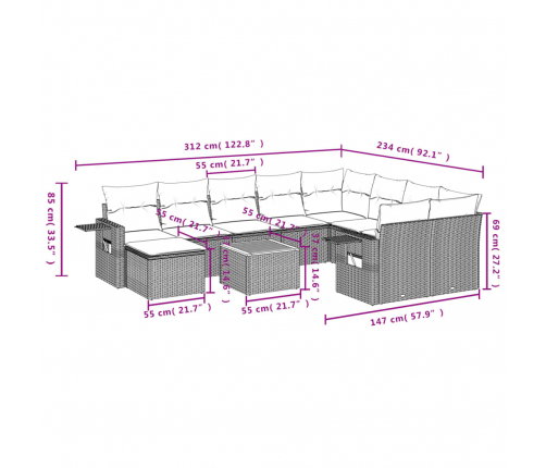 11-Daļīgs Dārza Dīvāna Komplekts Ar Matračiem, Pelēks Pe Pinums Vidaxl
