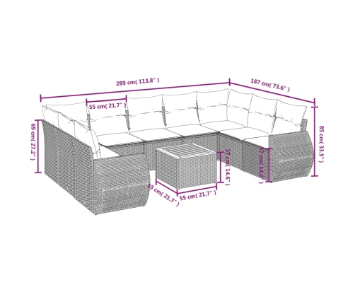 vidaXL 10-daļīgs dārza dīvāna komplekts ar matračiem, pelēks PE pinums