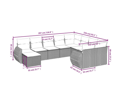 vidaXL 10-daļīgs dārza dīvāna komplekts, matrači, melna PE rotangpalma