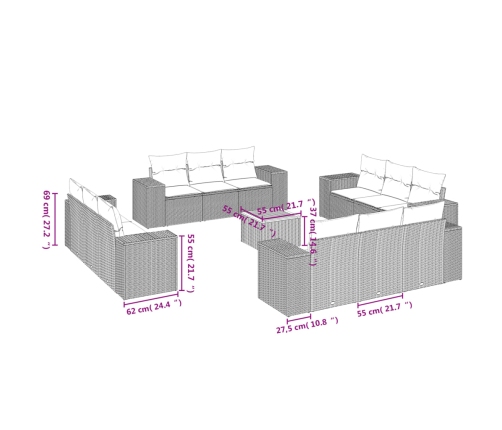 vidaXL 13-daļīgs dārza dīvāna komplekts ar matračiem, PE rotangpalma