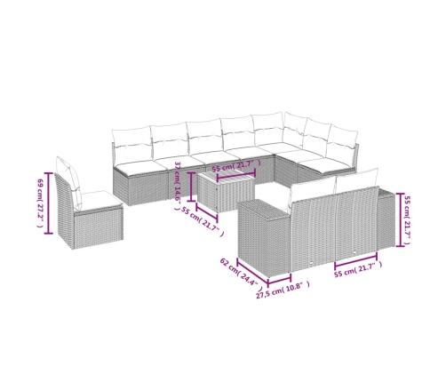 vidaXL 11-daļīgs dārza dīvāna komplekts, matrači, melna PE rotangpalma