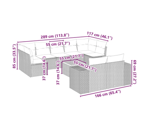 vidaXL 10-daļīgs dārza dīvāna komplekts, matrači, bēša PE rotangpalma