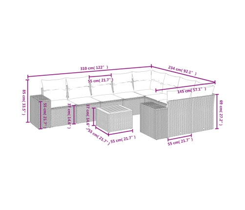 vidaXL 10-daļīgs dārza dīvāna komplekts, matrači, bēša PE rotangpalma