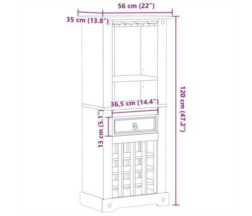 vidaXL vīna plaukts Corona, 56x35x120 cm, priedes masīvkoks