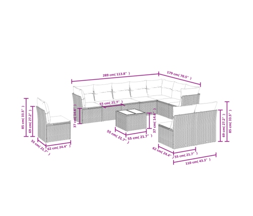 vidaXL 11-daļīgs dārza dīvāna komplekts ar matračiem, pelēks PE pinums