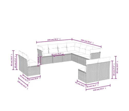 vidaXL 11-daļīgs dārza dīvāna komplekts, matrači, melna PE rotangpalma