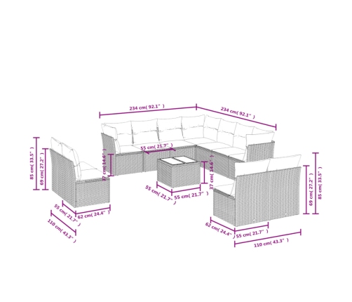 vidaXL 12-daļīgs dārza dīvāna komplekts, matrači, bēša PE rotangpalma