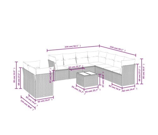 vidaXL 10-daļīgs dārza dīvāna komplekts ar matračiem, pelēks PE pinums