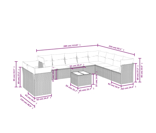 vidaXL 11-daļīgs dārza dīvāna komplekts, matrači, bēša PE rotangpalma