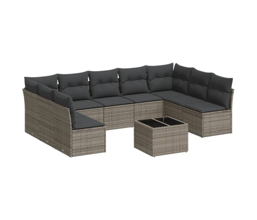 vidaXL 10-daļīgs dārza dīvāna komplekts ar matračiem, pelēks PE pinums