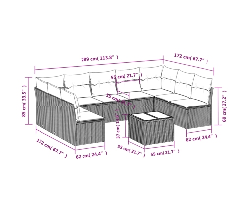 vidaXL 10-daļīgs dārza dīvāna komplekts ar matračiem, pelēks PE pinums