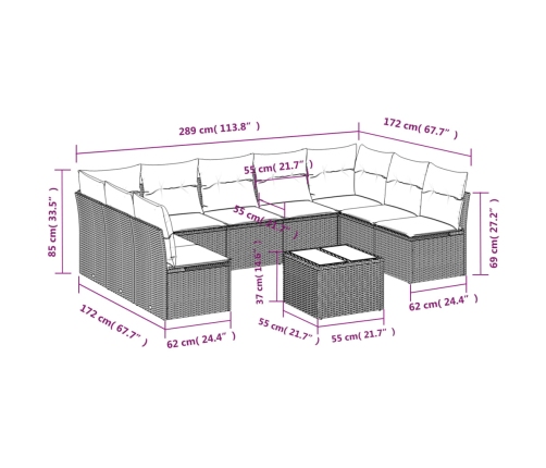 vidaXL 10-daļīgs dārza dīvāna komplekts ar matračiem, pelēka PE pinums