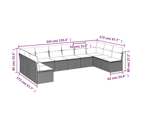 vidaXL 10-daļīgs dārza dīvāna komplekts ar matračiem, pelēka PE pinums