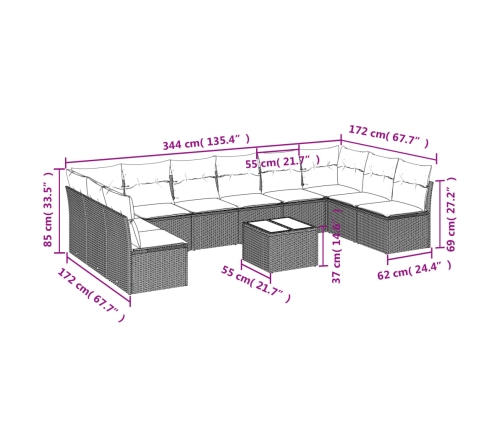vidaXL 11-daļīgs dārza dīvāna komplekts, matrači, melna PE rotangpalma