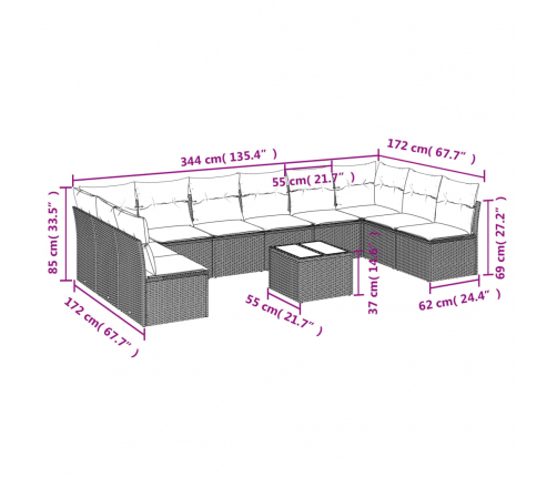 vidaXL 11-daļīgs dārza dīvāna komplekts, matrači, brūna PE rotangpalma