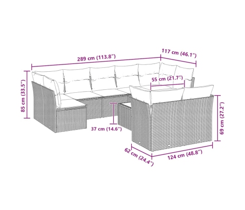 vidaXL 10-daļīgs dārza dīvāna komplekts ar matračiem, pelēka PE pinums