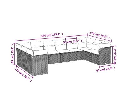 vidaXL 10-daļīgs dārza dīvāna komplekts, matrači, melna PE rotangpalma