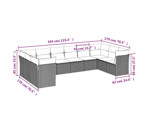 vidaXL 10-daļīgs dārza dīvāna komplekts, matrači, bēša PE rotangpalma