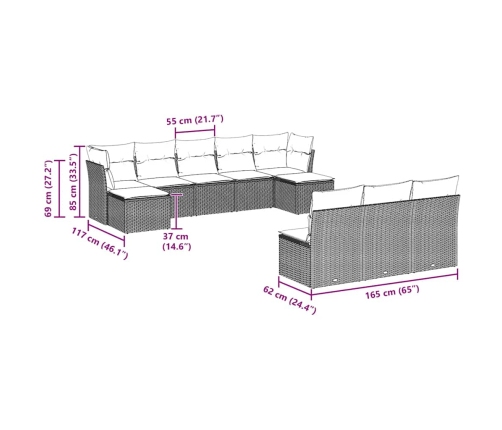 vidaXL 10-daļīgs dārza dīvāna komplekts ar matračiem, pelēka PE pinums