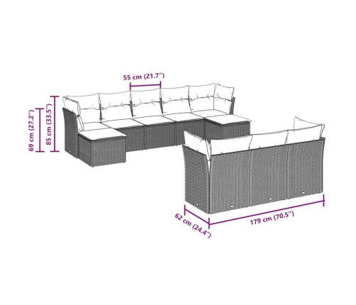 vidaXL 10-daļīgs dārza dīvāna komplekts ar matračiem, pelēka PE pinums