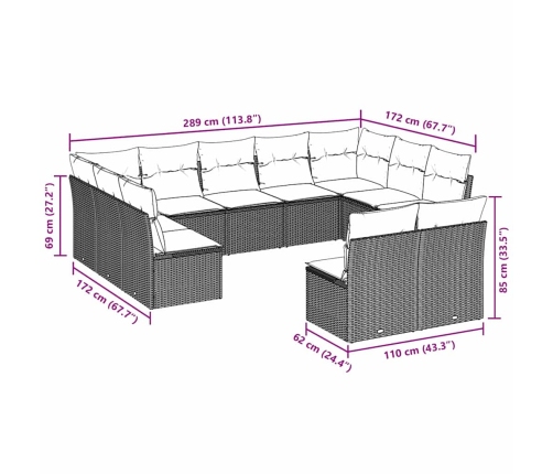 vidaXL 11-daļīgs dārza dīvāna komplekts ar matračiem, pelēka PE pinums
