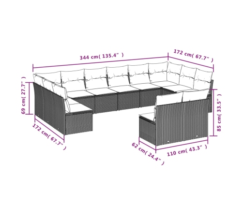 vidaXL 12-daļīgs dārza atpūtas mēbeļu komplekts, matrači, pelēks PE