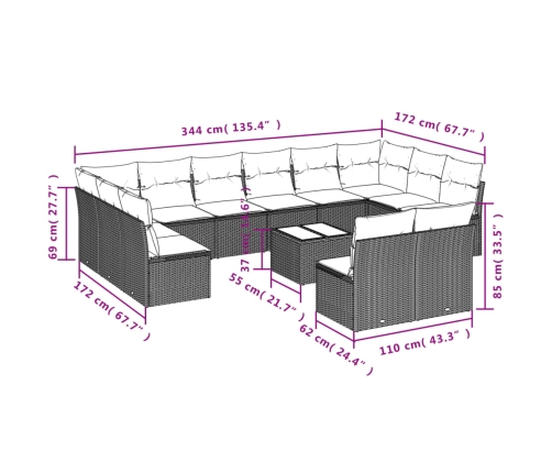 vidaXL 13-daļīgs dārza dīvāna komplekts ar matračiem, PE rotangpalma
