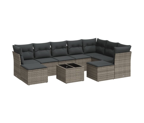 vidaXL 10-daļīgs dārza dīvāna komplekts ar matračiem, pelēks PE pinums