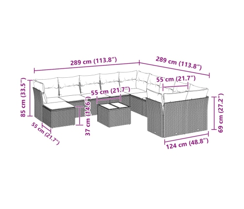 vidaXL 12-daļīgs dārza dīvāna komplekts ar matračiem, pelēka PE pinums