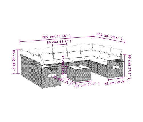 vidaXL 10-daļīgs dārza dīvāna komplekts ar matračiem, pelēka PE pinums