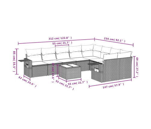 vidaXL 10-daļīgs dārza dīvāna komplekts ar matračiem, pelēks PE pinums