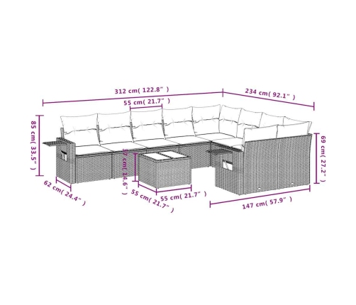 vidaXL 10-daļīgs dārza dīvāna komplekts ar matračiem, pelēka PE pinums