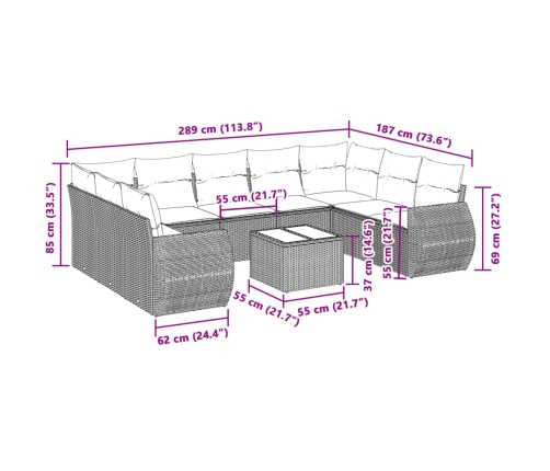 vidaXL 10-daļīgs dārza dīvāna komplekts ar matračiem, pelēka PE pinums