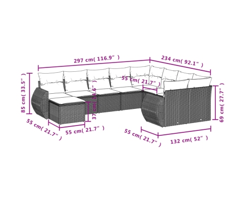vidaXL 10-daļīgs dārza dīvāna komplekts ar matračiem, pelēks PE pinums