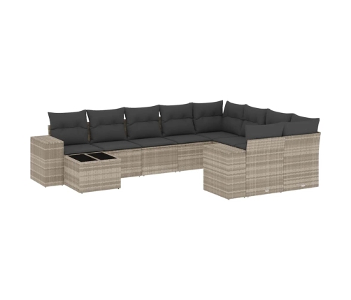 vidaXL 10-daļīgs dārza dīvāna komplekts ar matračiem, pelēka PE pinums