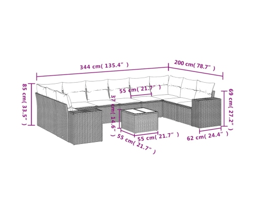 vidaXL 11-daļīgs dārza dīvāna komplekts ar matračiem, pelēka PE pinums