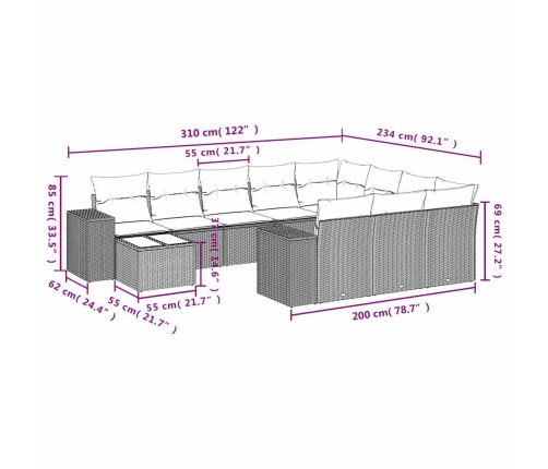 vidaXL 11-daļīgs dārza dīvāna komplekts ar matračiem, pelēka PE pinums