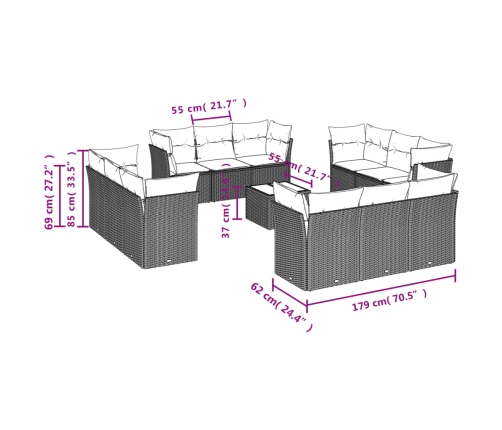 vidaXL 13-daļīgs dārza dīvāna komplekts ar matračiem, PE rotangpalma