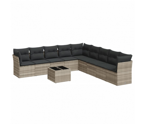 vidaXL 10-daļīgs dārza dīvāna komplekts ar matračiem, pelēka PE pinums