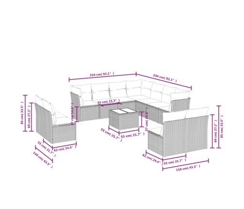 vidaXL 12-daļīgs dārza dīvāna komplekts, matrači, brūna PE rotangpalma
